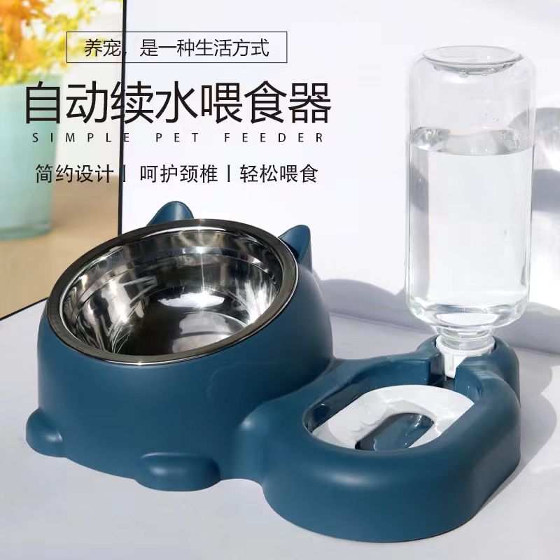 猫咪饭碗狗狗食盆猫碗饮水二合一自动喂食猫碗不锈钢碗宠物用品