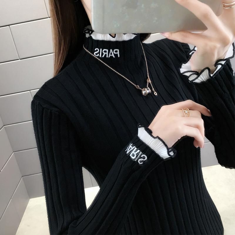 高档加绒打底衫女秋冬新款花边半高领假两件修身洋气针织加厚毛衣