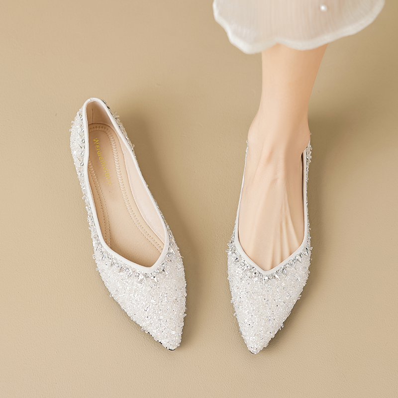 雪花酥~水钻平底单鞋软底鞋瓢鞋一脚蹬仙女风尖头豆豆鞋大码41-43