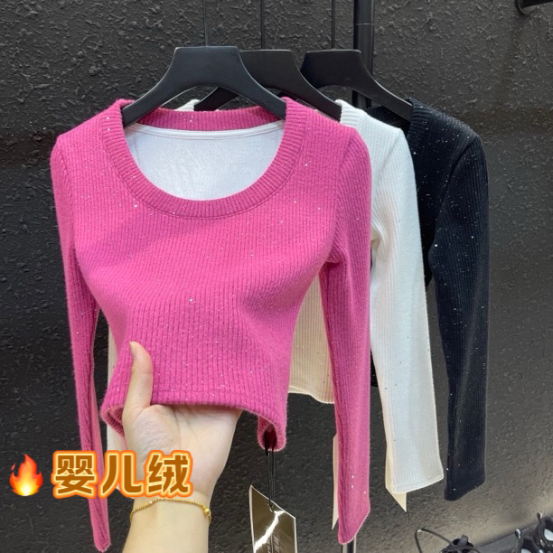 高街氛围感坑条长袖t恤女秋冬加厚加绒修身显瘦打底衫上衣8316#