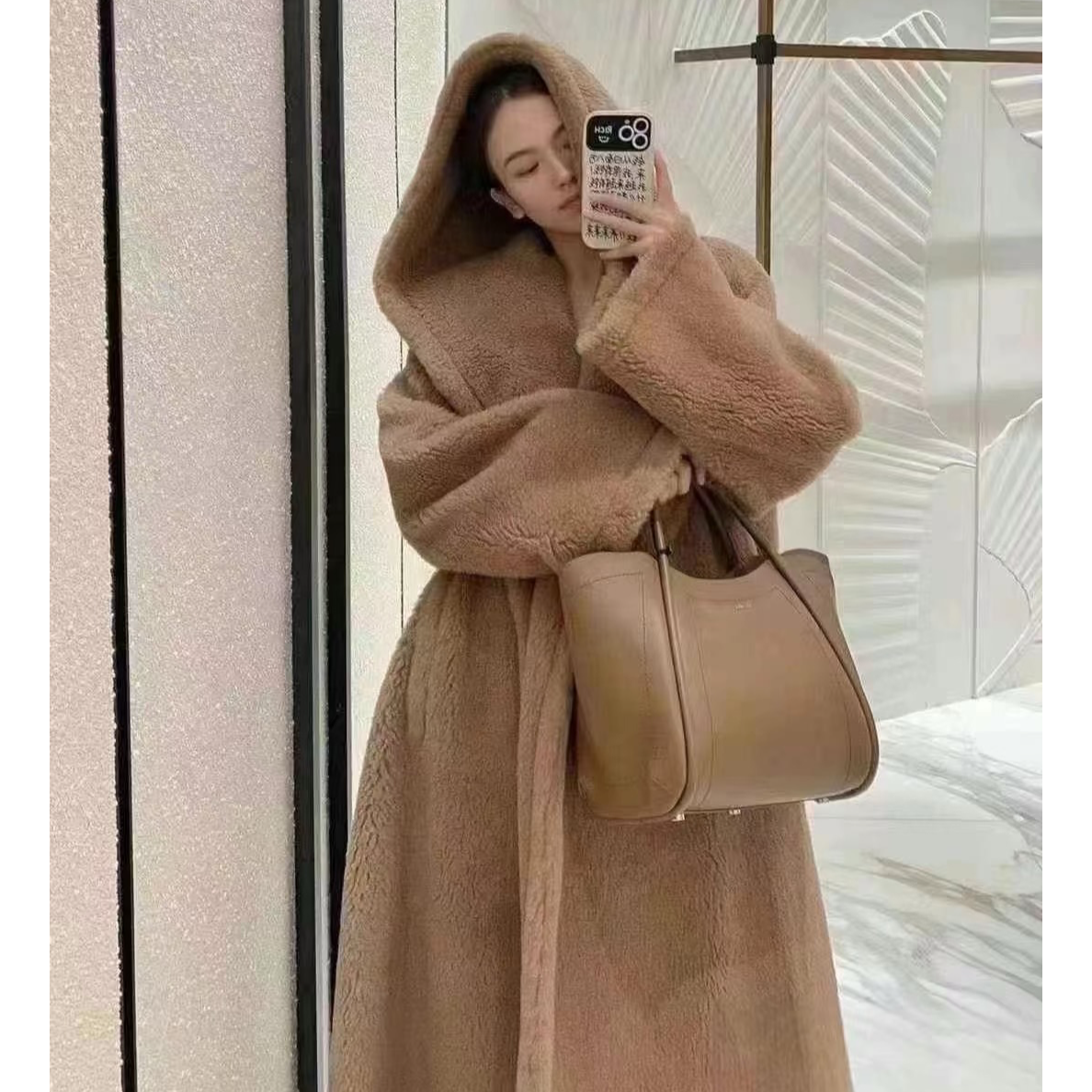 M新款翻领大连帽泰迪熊加厚长毛大衣过膝百搭气质秋冬时尚大衣