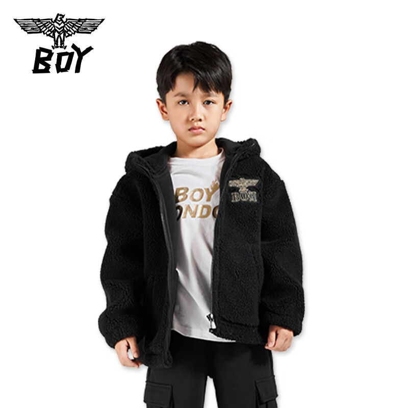BOYJUNIORBOY童装仿羊羔绒连帽秋冬外套男女童柔软舒适刺绣宽松