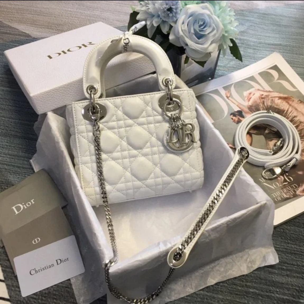 99新  小花F欧 DIOR 三格戴妃包 白银