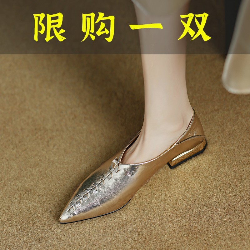 百丽纯爱法式复古手工真皮单鞋女2023年秋季新款尖头一脚蹬低跟