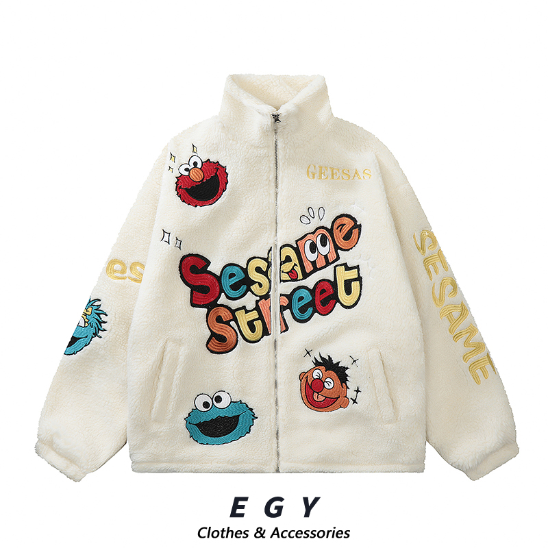 秋冬季日系街头卡通可爱刺绣羊羔外套棉衣宽松休闲复古加厚棉服女