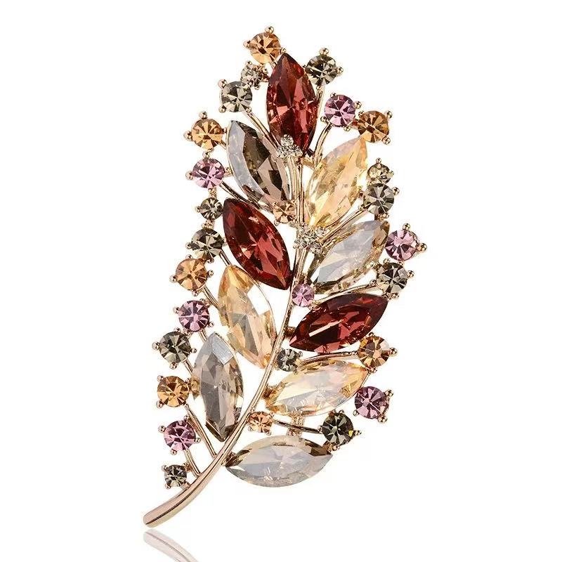 高级感复古奢华树叶胸针百搭西服大衣礼服配饰多彩仿水晶时尚胸花
