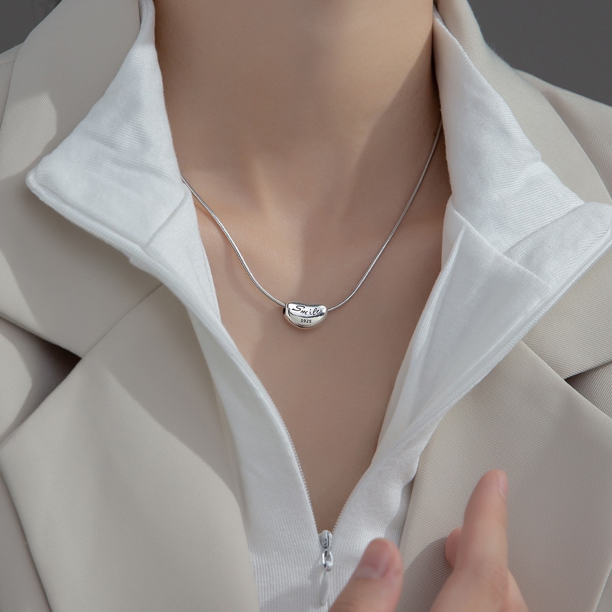 坠链均925银 重工蛇骨大相思豆项链46cm