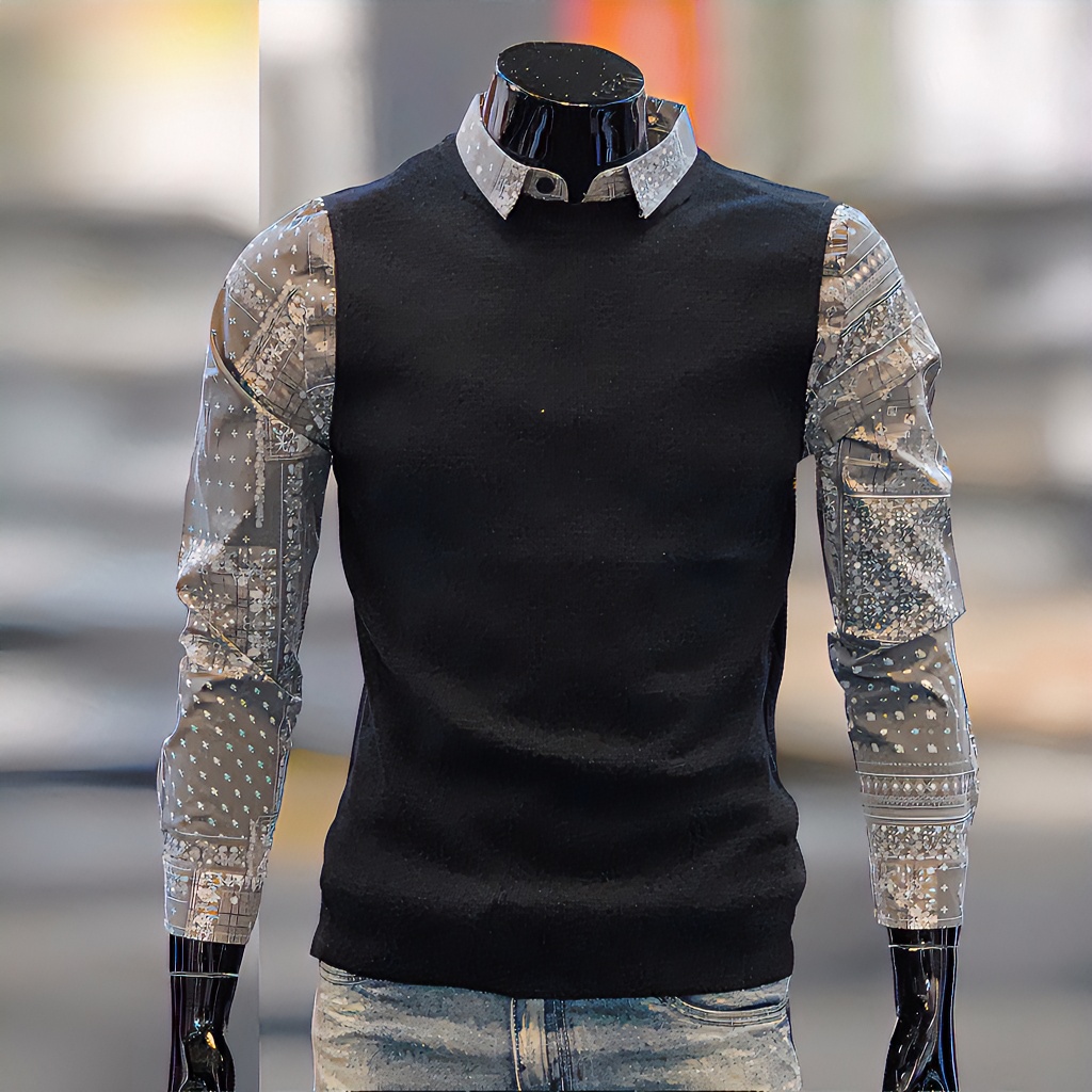 2021年秋冬男士假两件针织时尚百搭衬衫领打底黑色毛衣潮长袖拼接