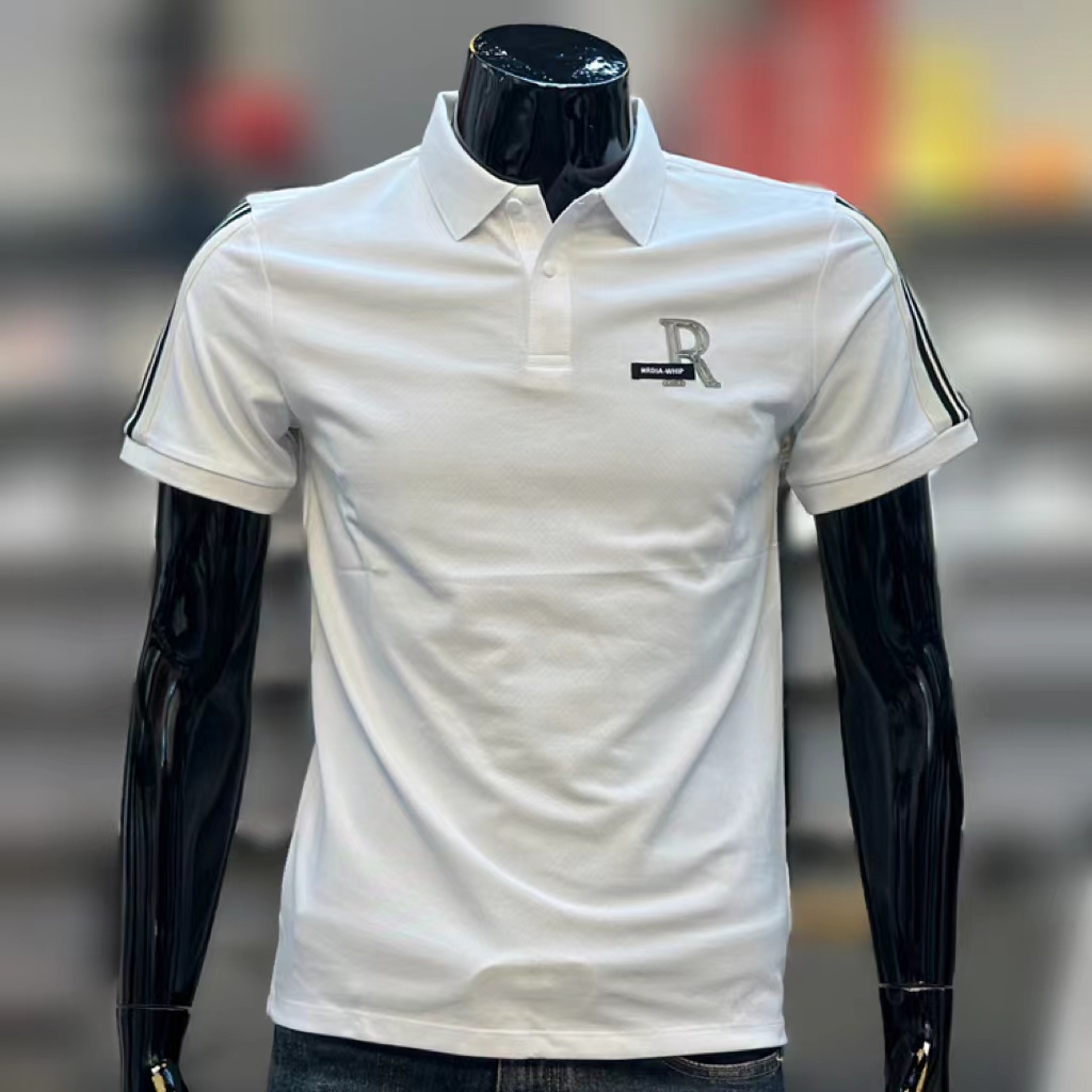  潮牌夏季新款T男士时尚肩章条纹拼接翻领短袖半袖t恤潮流百搭