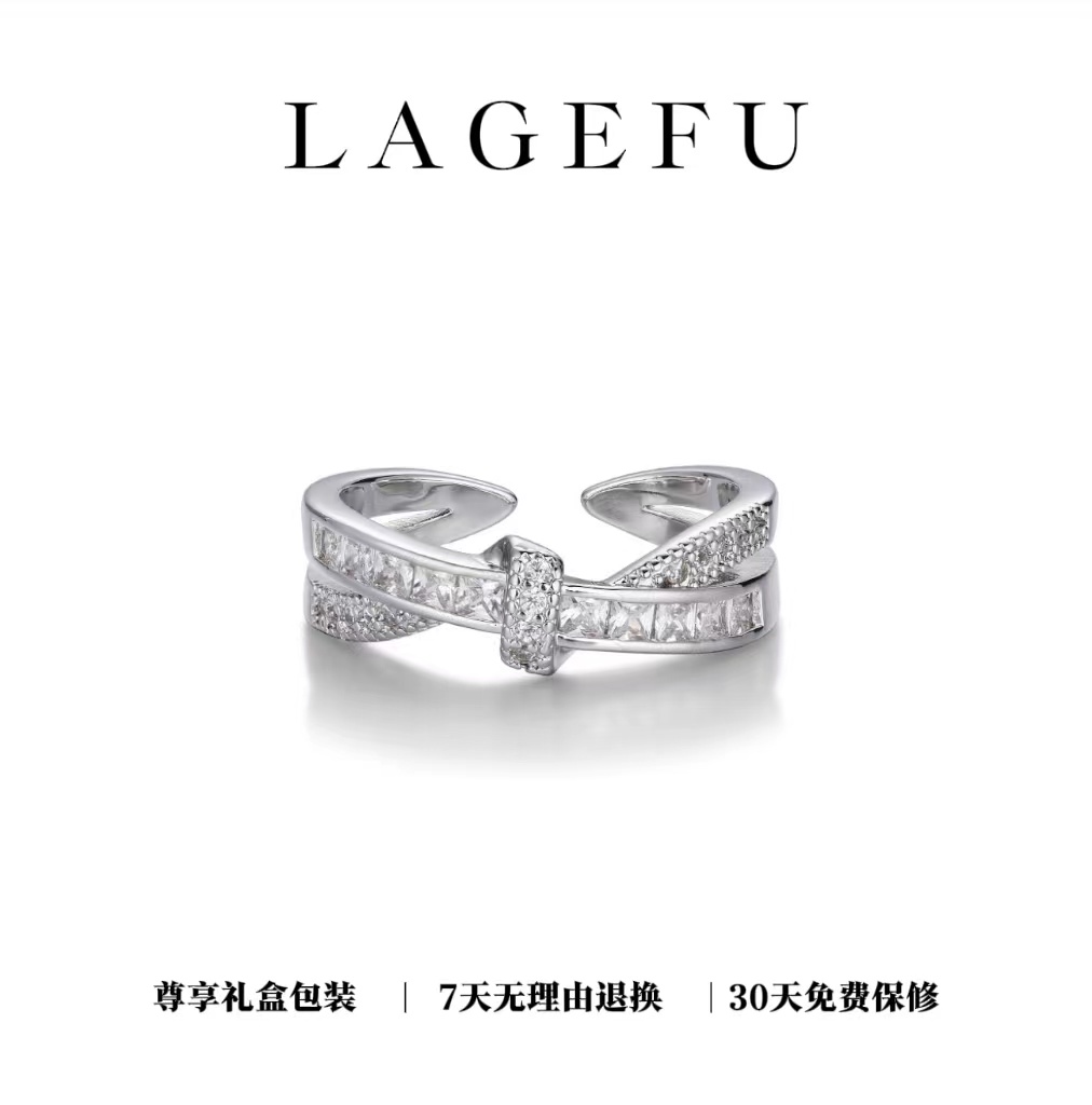 合金合成锆石戒指 可调节食指开口冷淡风交叉戒指DN920