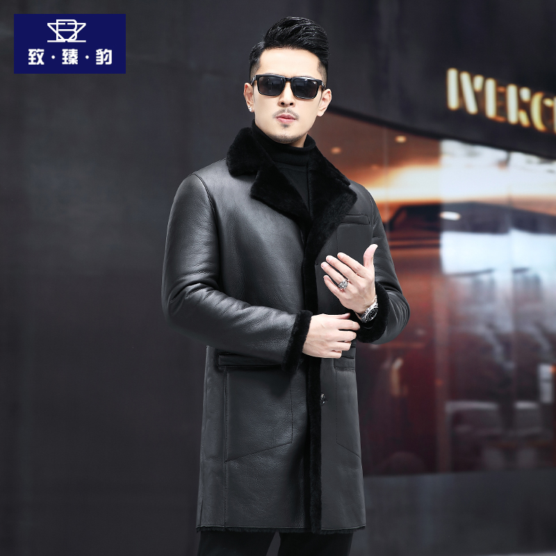 海宁原生态皮毛一体男士中长款西装领绵羊皮风衣冬季加厚皮草外套