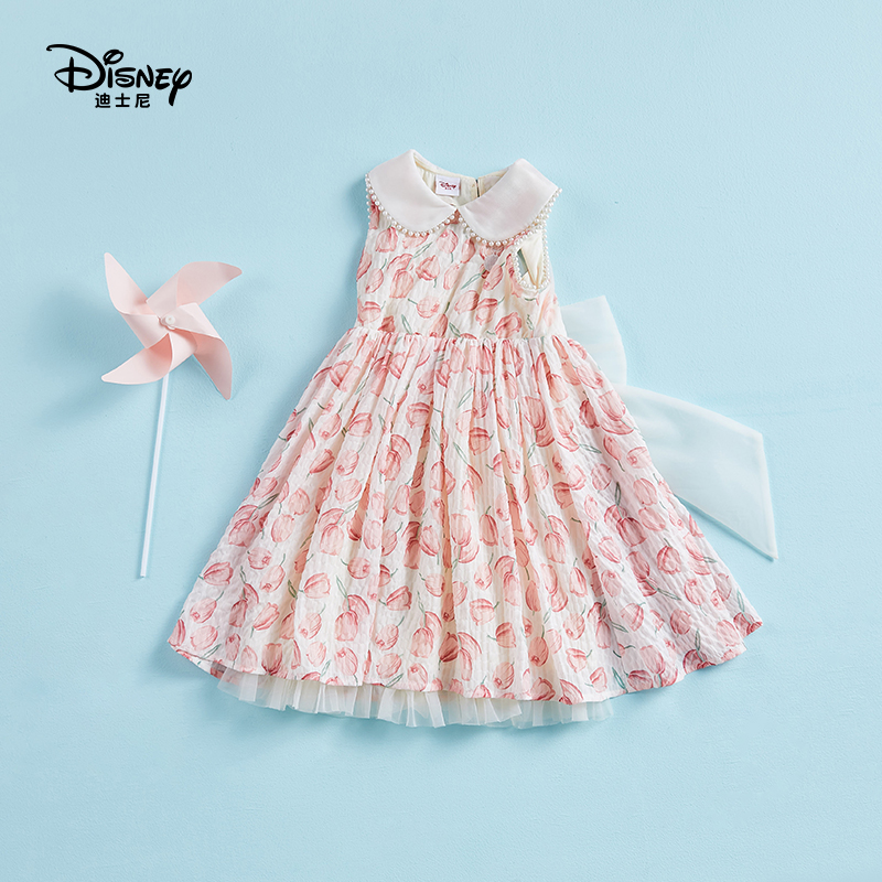 Disney/迪士尼夏季女童儿童印花高定爱心连衣裙公主裙粉色郁金香
