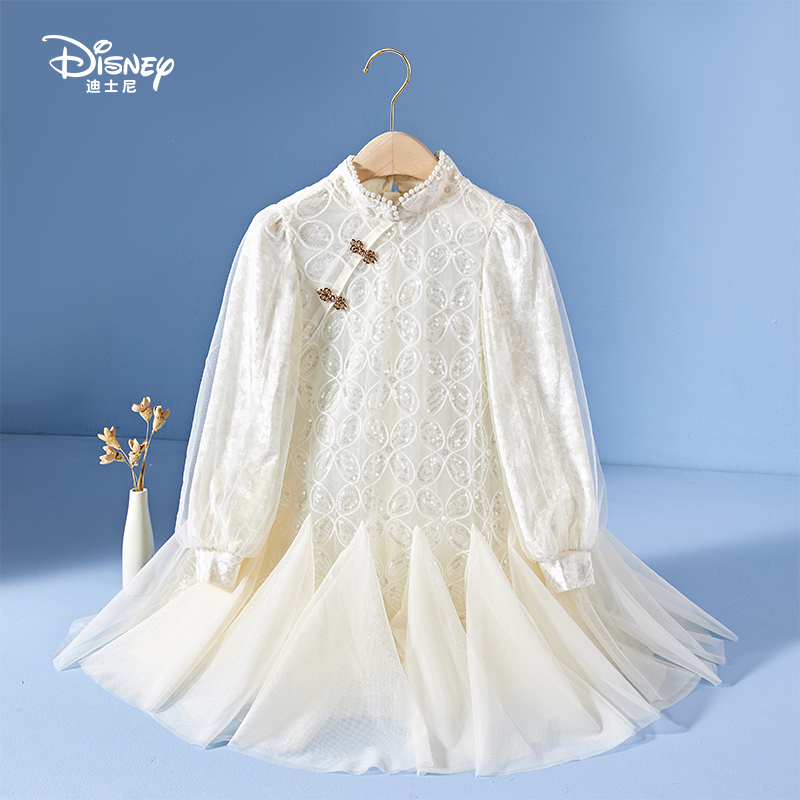 Disney/迪士尼潮款女童儿童童装长袖中国风复古绣花公主连衣裙