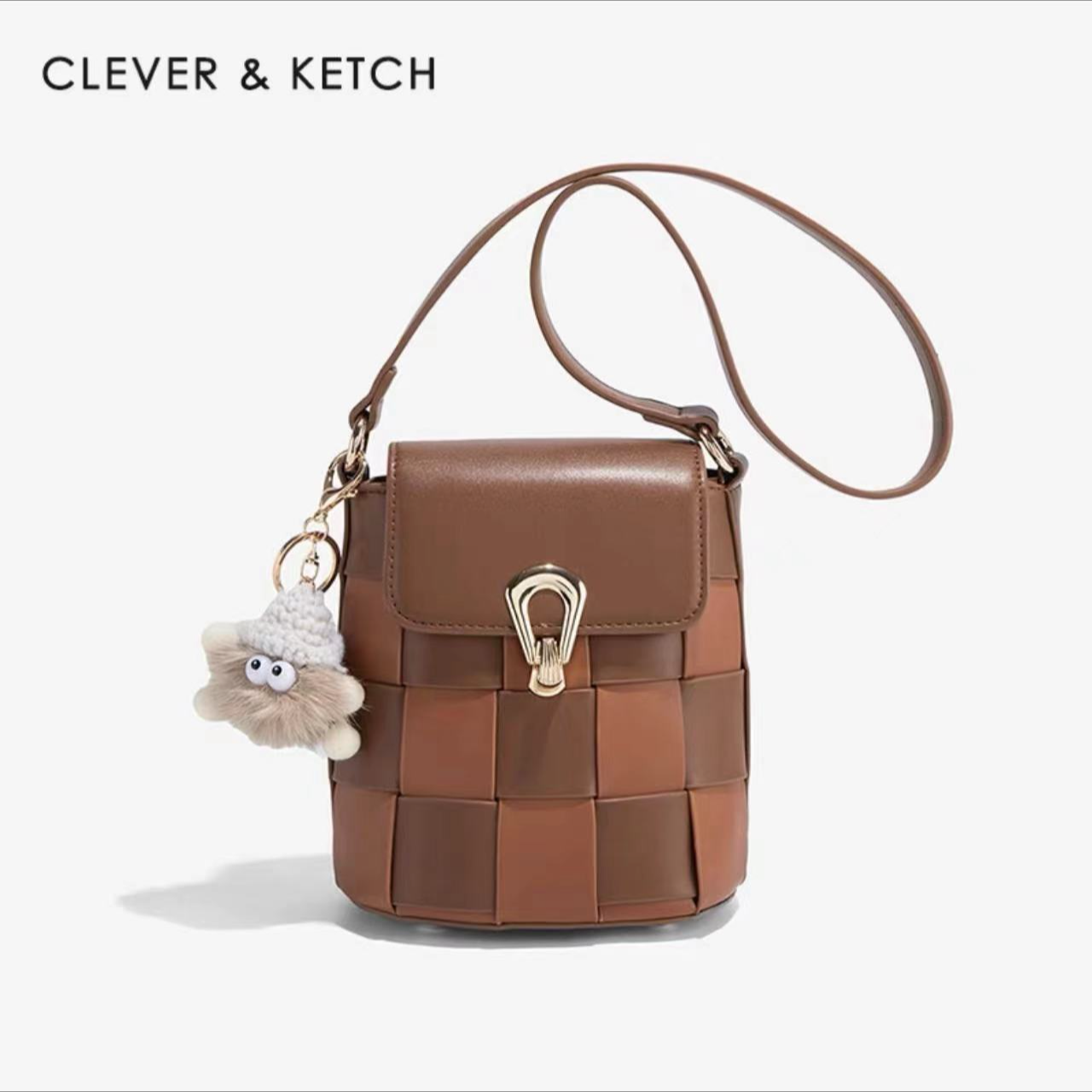 CLEVER&KETCH时尚编织手机包包女2024新款迷你斜挎水桶包单肩小包