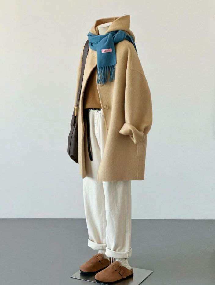 秋冬定制款日系时尚连帽百搭休闲中长款冬季双面手缝大衣女2024新