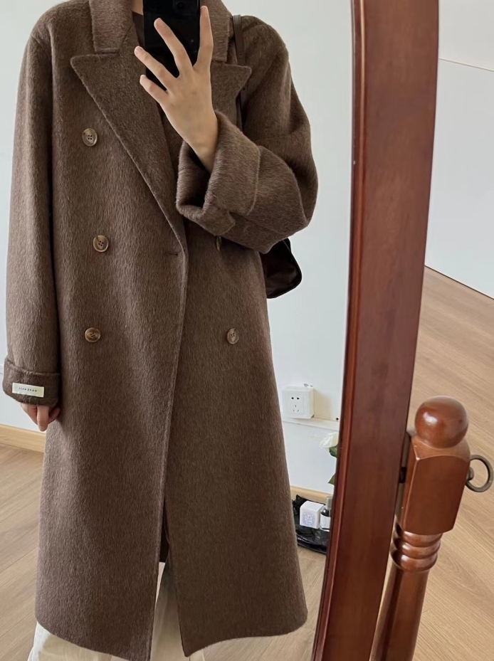 福利款韩版休闲百搭长款纯色宽松双面手缝大衣双排扣网红毛呢外套