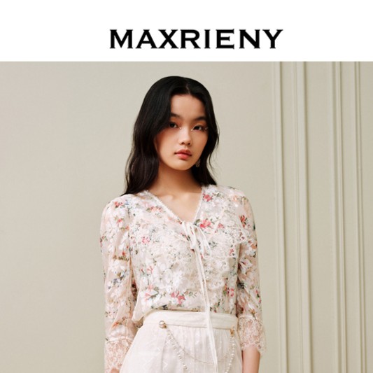 MAXRIENY欧式田园风碎花雪纺衫2023夏季新款绣花钉珠蕾丝衫上衣女