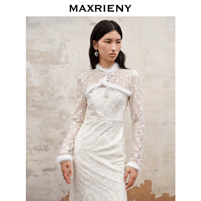 MAXRIENY国风气质蕾丝鱼尾秋冬连衣裙新年穿搭新中式长裙小白裙