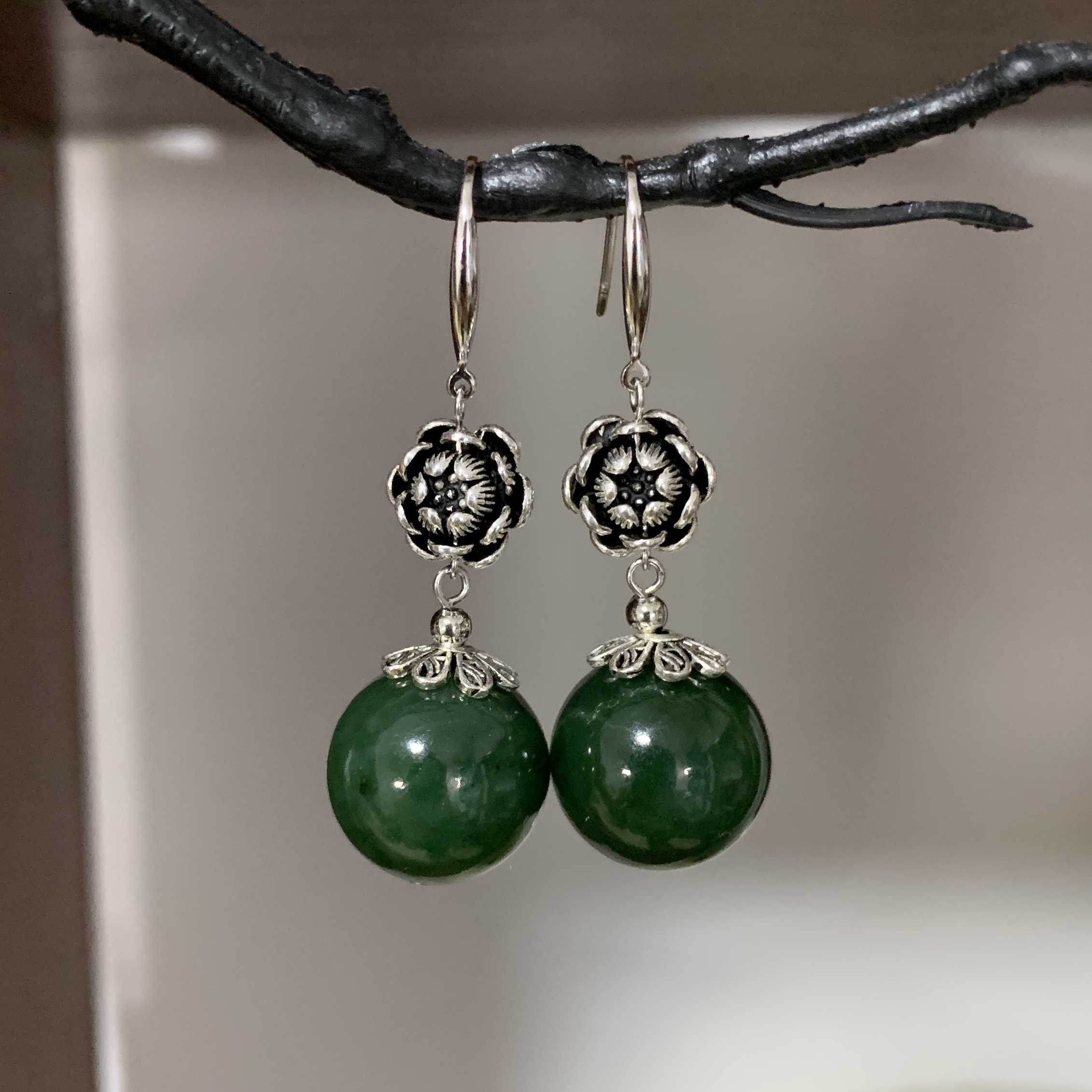 天然和田玉碧玉珠径卡16mm左右S925银通体镶嵌复古中国风气质耳饰