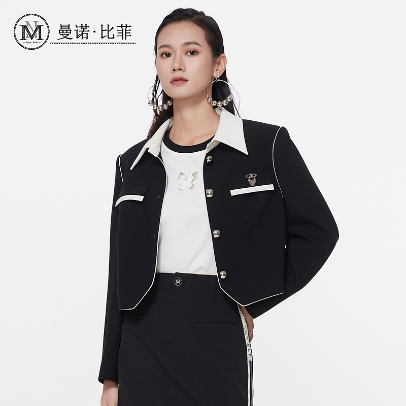 曼诺比菲商场同款春季黑白撞色西装外套女短款百搭MFJG113262