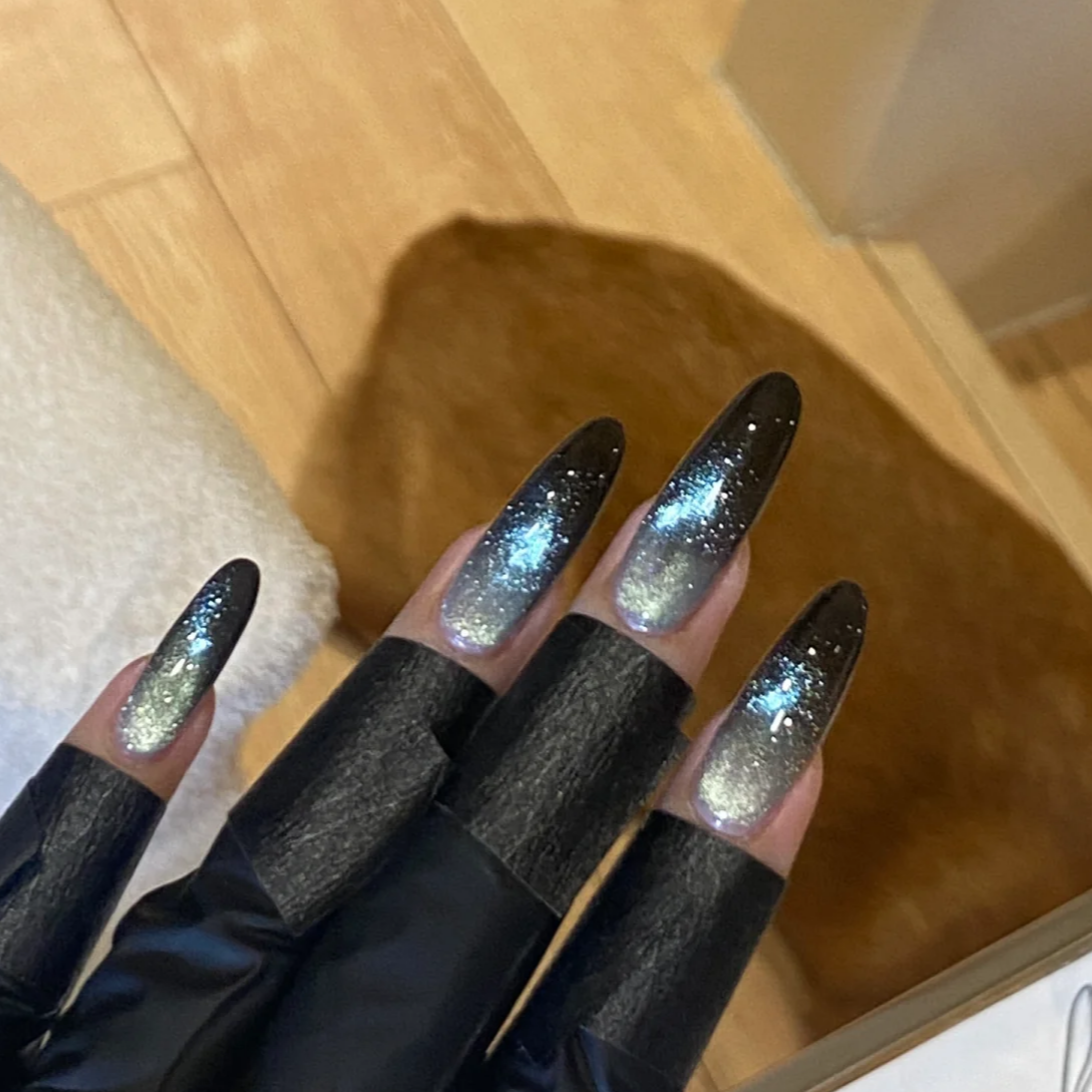 「S1935永夜星河」高级显白渐变双冰蓝猫眼手工穿戴甲 18种甲型定制