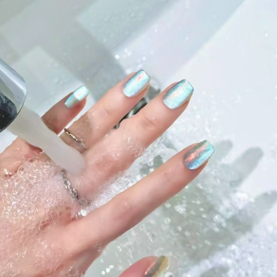 「S605蓝月光」人鱼偏光缎光猫眼纯手工穿戴甲18种显白微透甲型定制