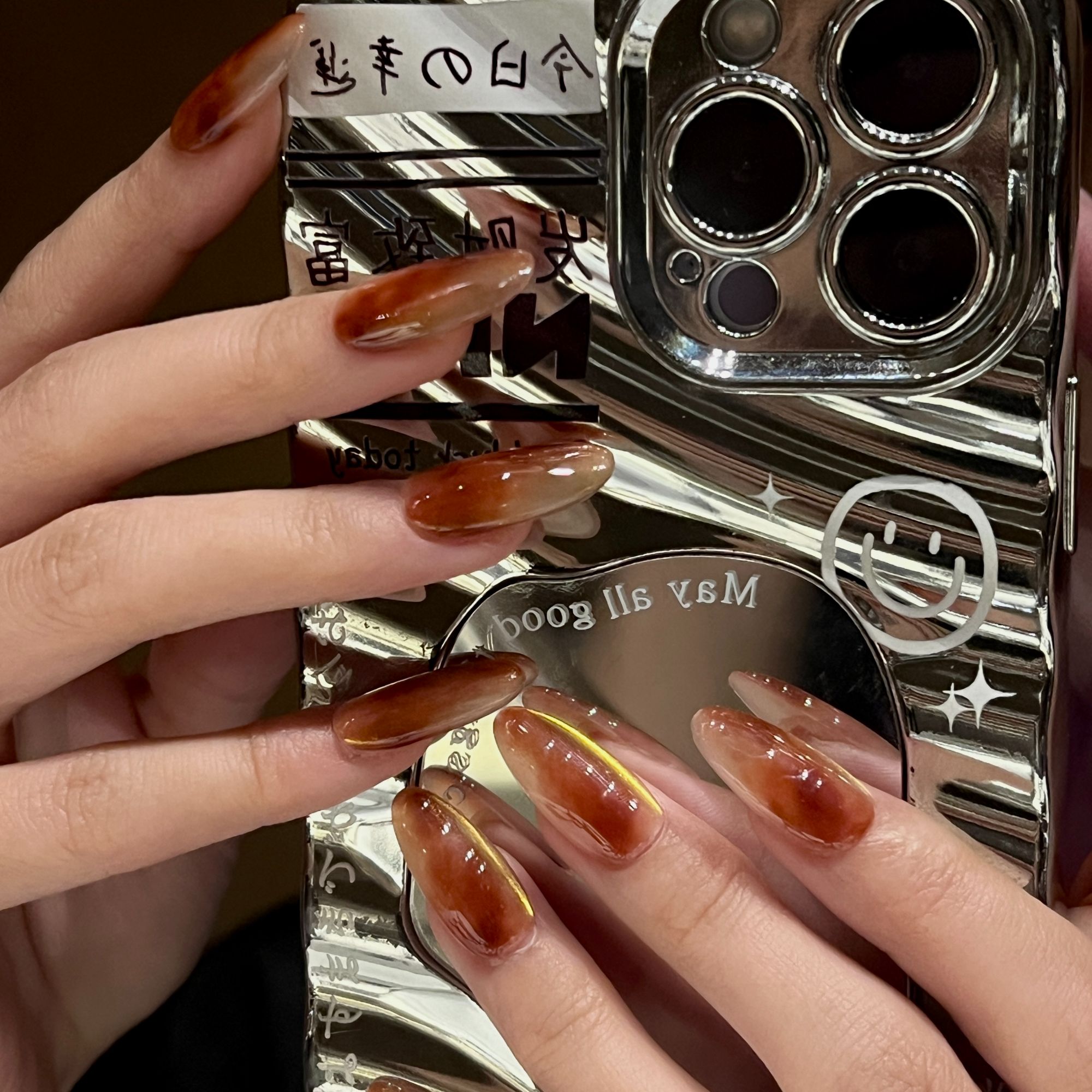 「S1693琥珀灯带」秋冬琥珀晕染金光灯带猫眼纯手工穿戴甲甲型定制