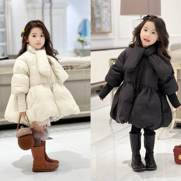 <宠粉回馈>  女童围巾羽绒服冬季洋气中长款白鸭绒织带袖保暖外套