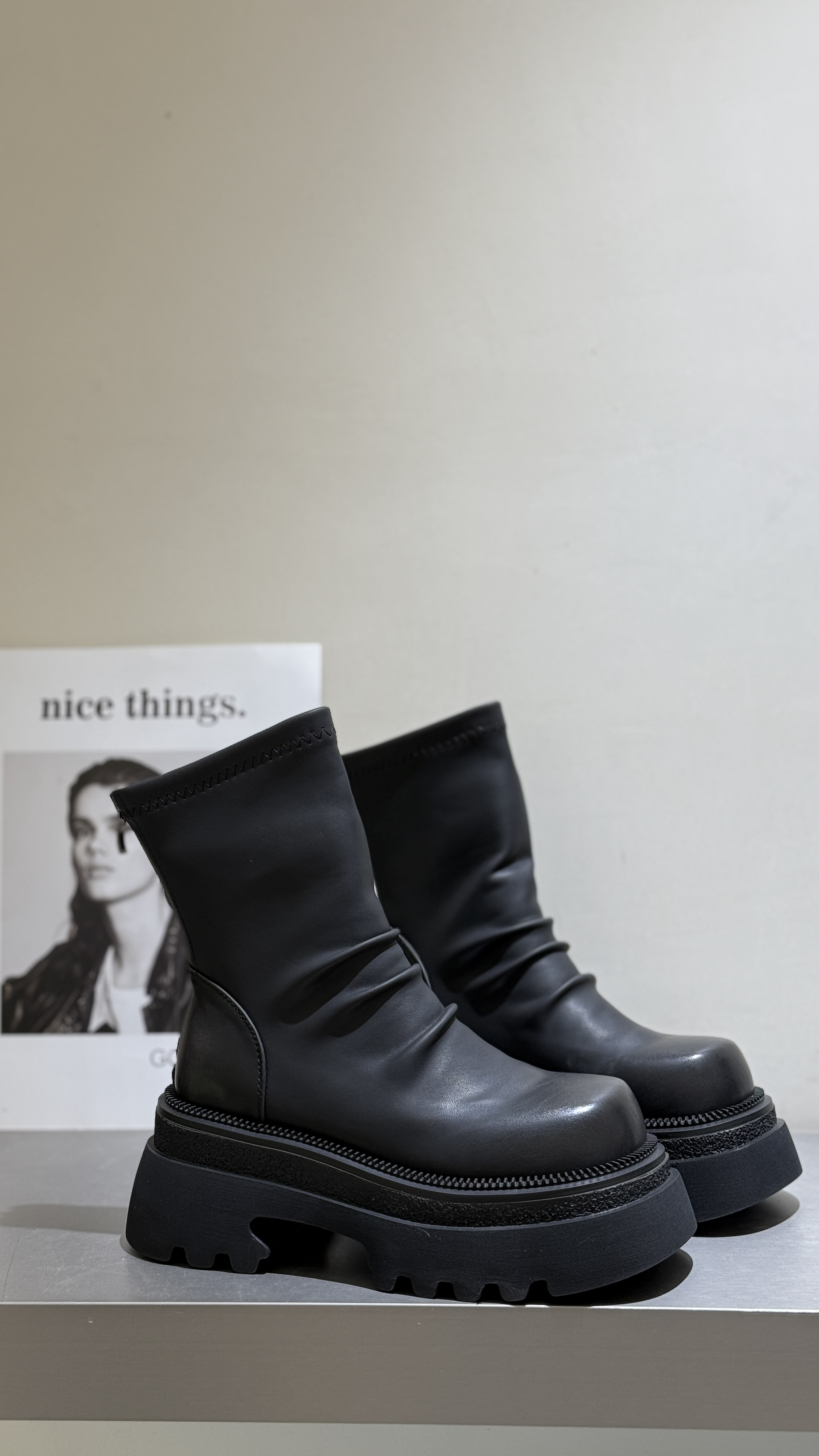 程北北褶皱厚底增高瘦瘦靴