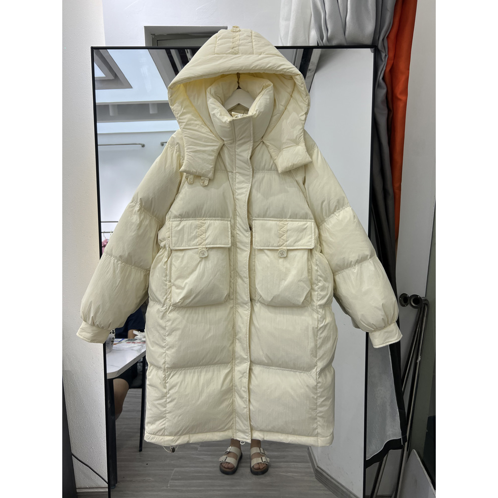 拉克鸭2023年韩版反季新款羽绒服女中长款连帽白鸭绒过膝加厚宽松
