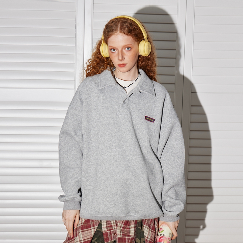 BEETLE TOWN男女同款休闲POLO领卫衣秋美式长袖翻领外套宽松慵懒