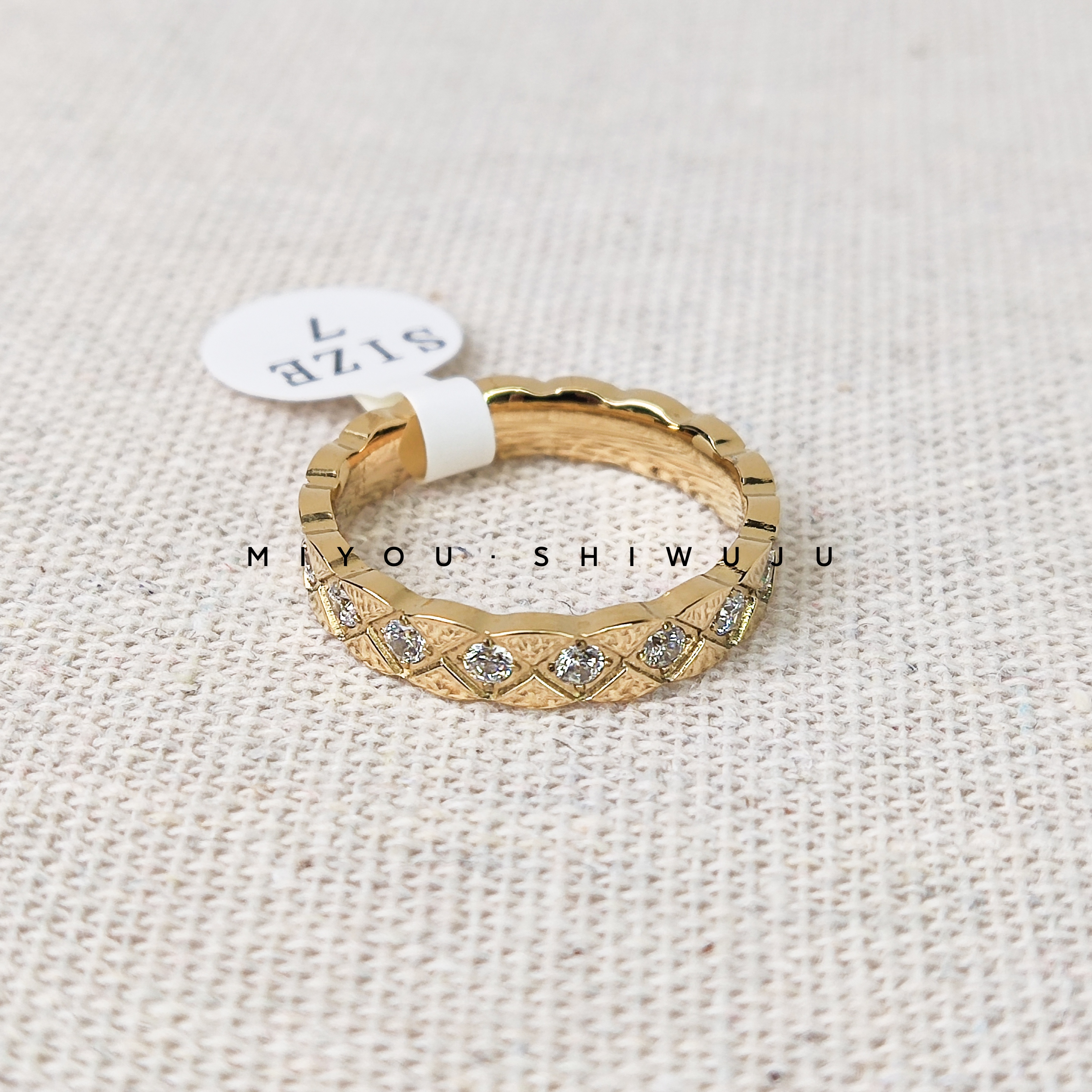 钛钢戒指 金色镶满钻戒指手工轻奢时尚简约中古镶钻排戒