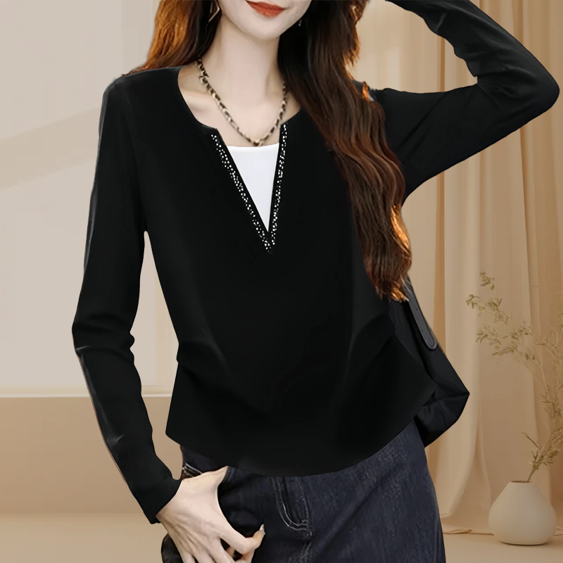 德绒烫钻V领捏褶收腰设计感假两件显瘦品质上衣女2025春季长袖T恤