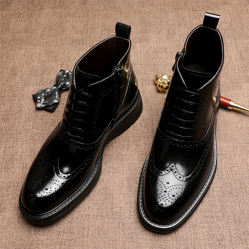 时尚高帮皮鞋男布洛克切尔西靴加绒真皮英伦风正装百搭马丁靴厚底