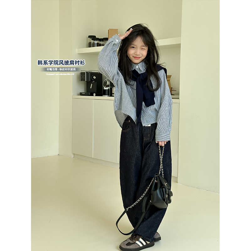 咸蛋小虾米2024秋装新款韩国女童洋气oversize好版型茧型条纹衬衫