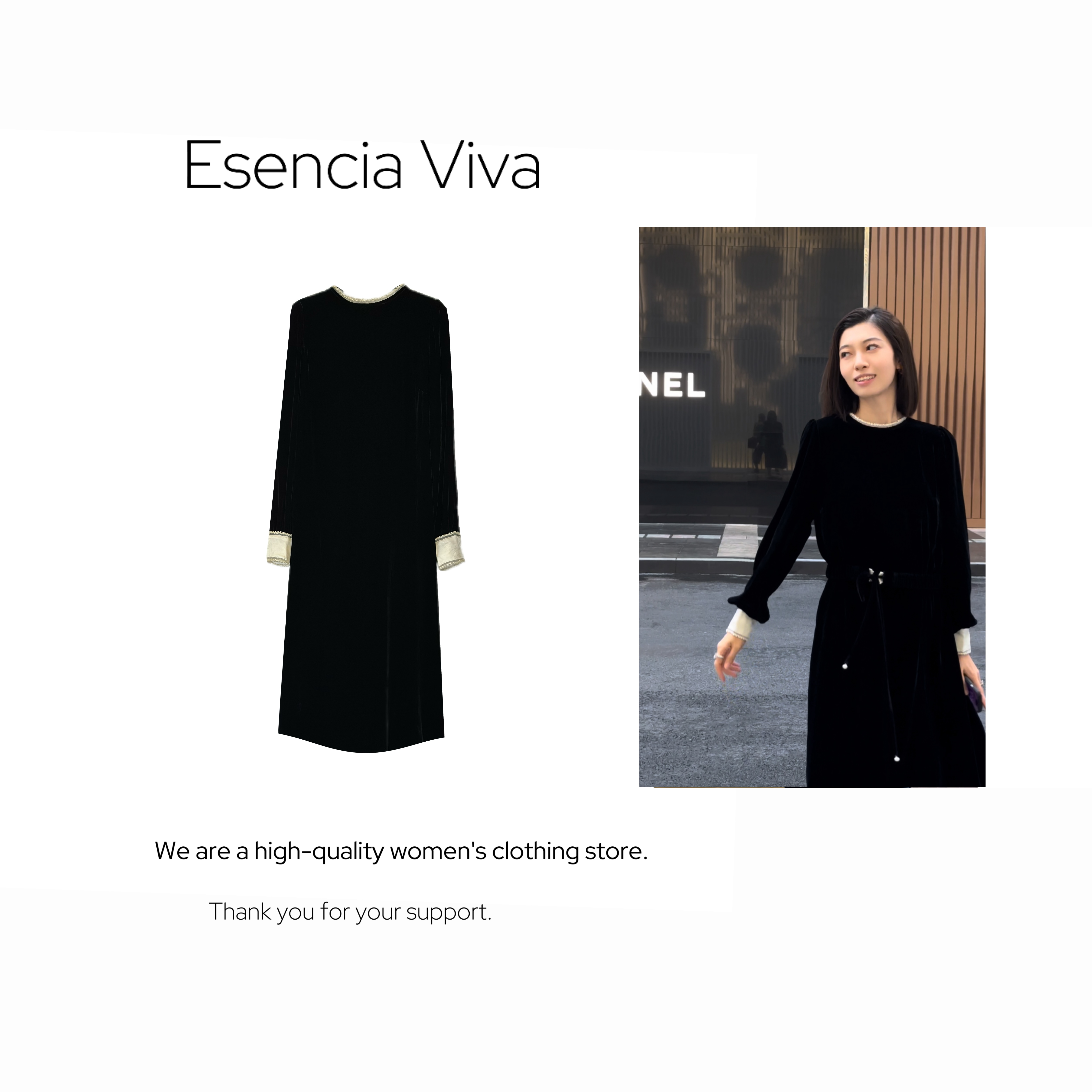 Esencia 现现【 山茶白羽】100%桑蚕丝长袖气质连衣裙EVSY0074