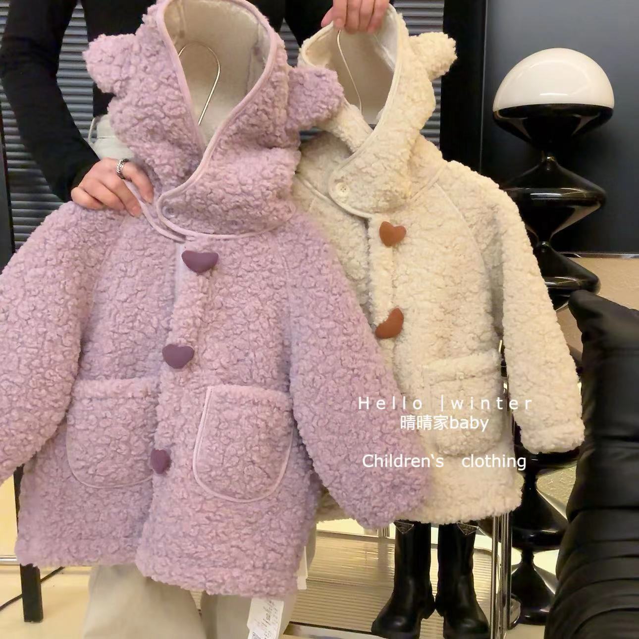 女童秋冬外套儿童洋气耳朵连帽纯色皮毛一体加厚呢大衣23569稚