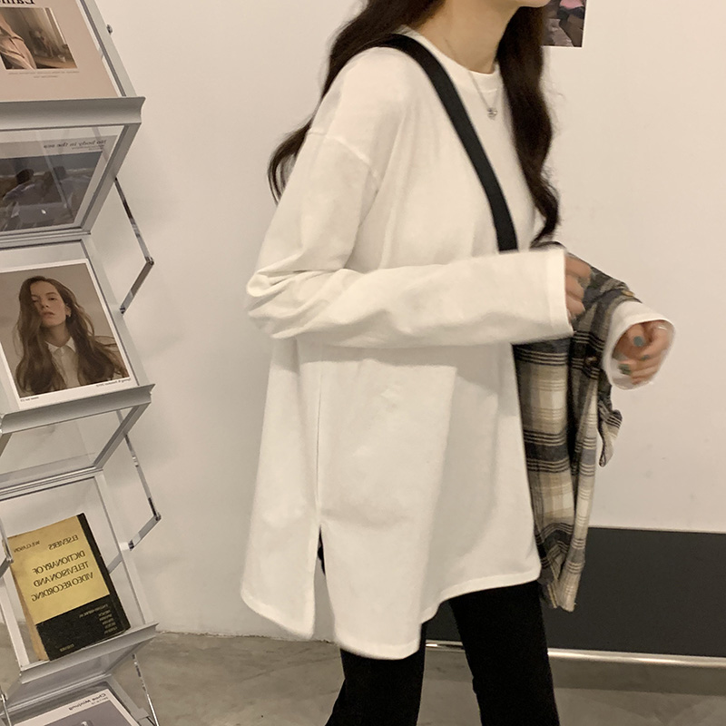 长袖T恤女圆领开叉款白色中长款百搭韩版大码宽松春秋打底衫086
