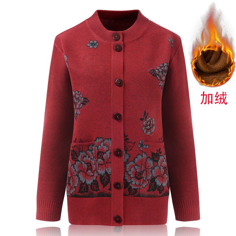 加绒中老年毛衣女装老年人针织衫奶奶装开衫外套秋冬妈妈加厚毛衫