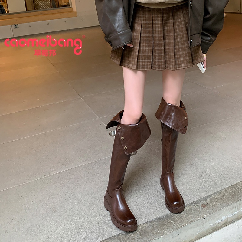 女靴一靴两穿翻折式低跟真皮新款长靴铆钉时尚百搭靴高筒长筒靴