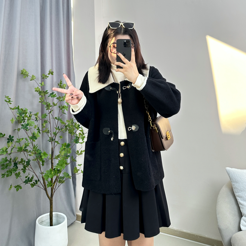 胖妹妹大码女装高级感时尚娃娃领毛绒中长款大衣显瘦时尚毛呢外套