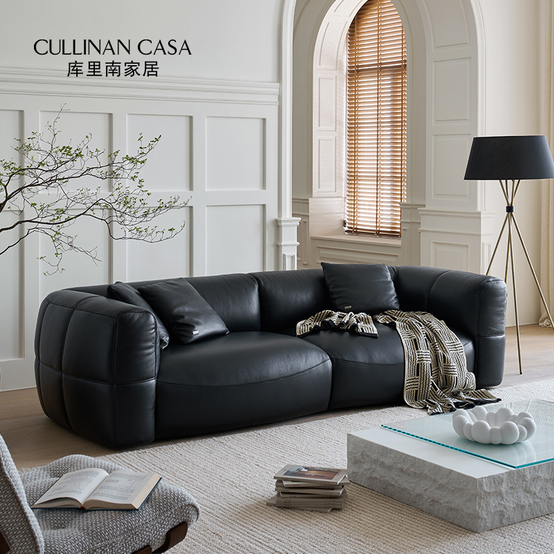 库里南家居大白沙发轻奢复古中古风黑色真皮现代简约头层牛皮沙发