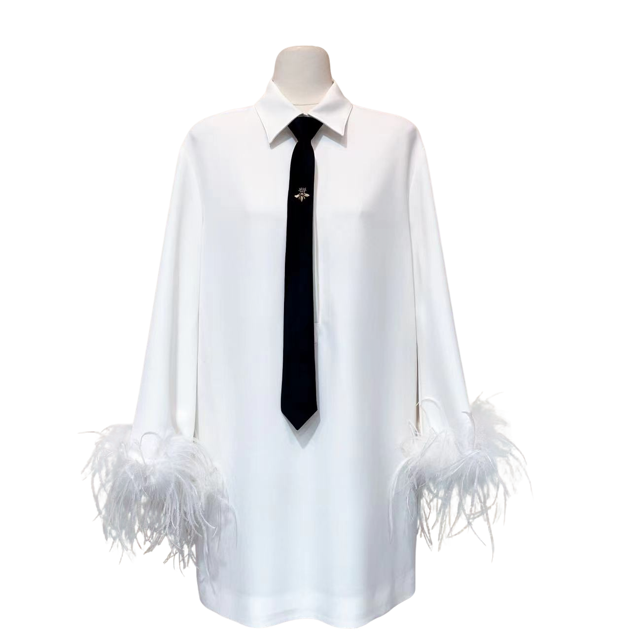 Monica 法式小众宽松中长款气质袖口毛领带衬衣裙