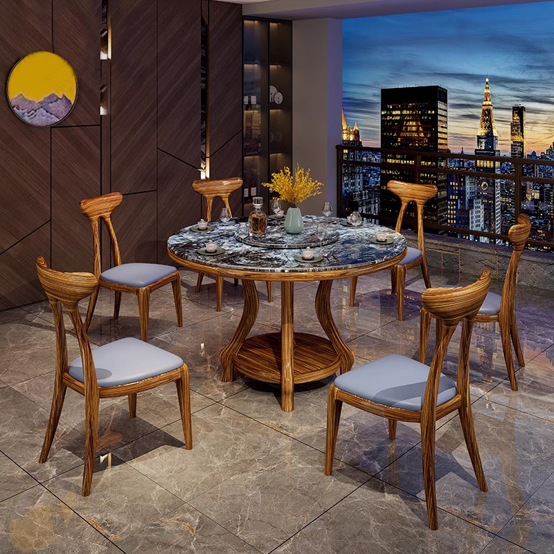 其迈森中式乌金木餐桌椅组合大小户型大理石圆餐桌高端饭桌带转盘