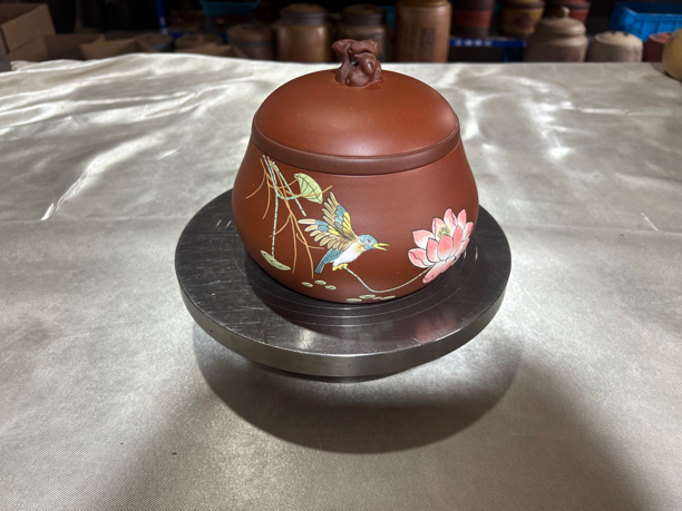 宜兴原矿紫砂小红泥泥绘醒茶罐小号花鸟茶仓特大号茶叶储存罐