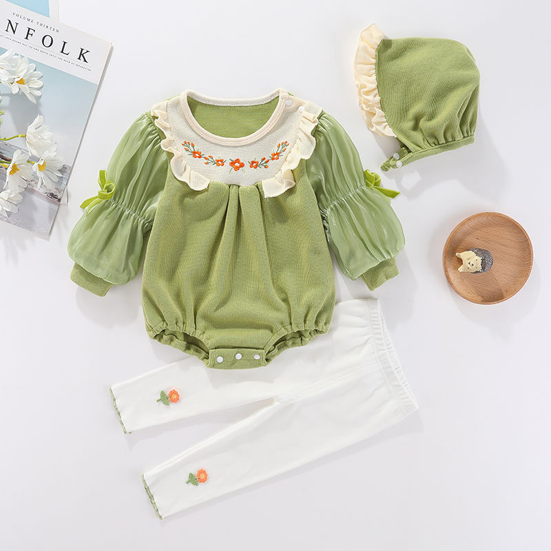 早秋婴儿女宝宝长袖包屁衣三件套森系可爱潮流小公主爬爬服外出服