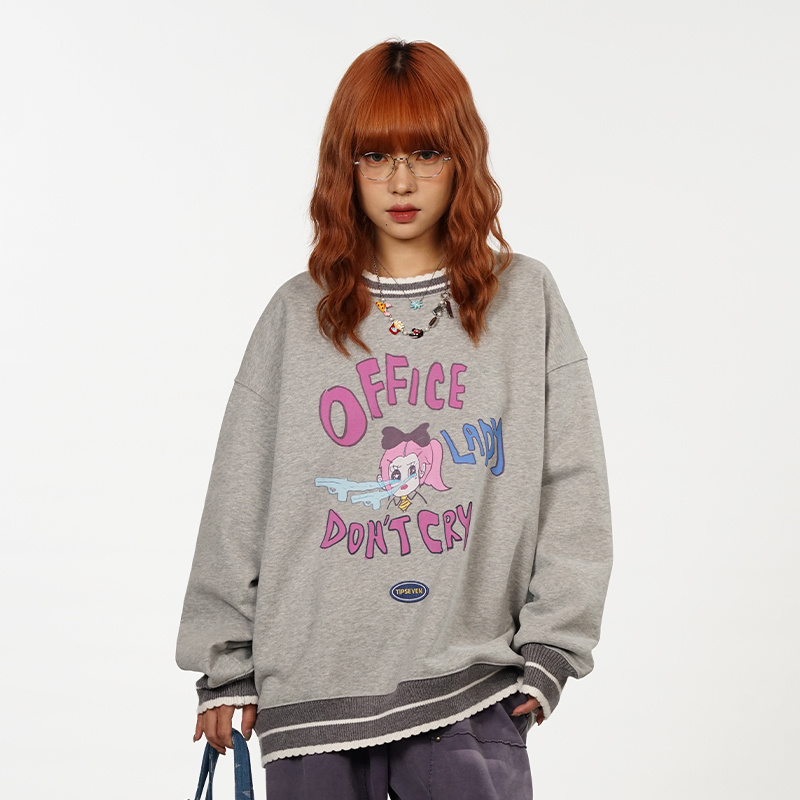 TIPSEVEN原创设计office lady系列哭泣女孩彩色字母印花圆领卫衣