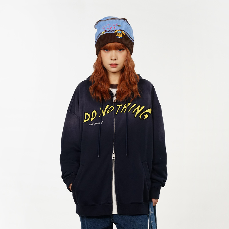 原创设计office lady系列手肘贴布做旧字母拉链卫衣新款