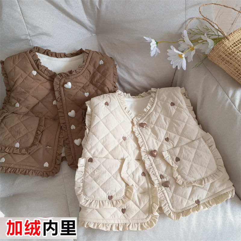 秋冬新款女童爱心刺绣棉马甲宝宝加绒加厚背心儿童甜美花边上衣潮