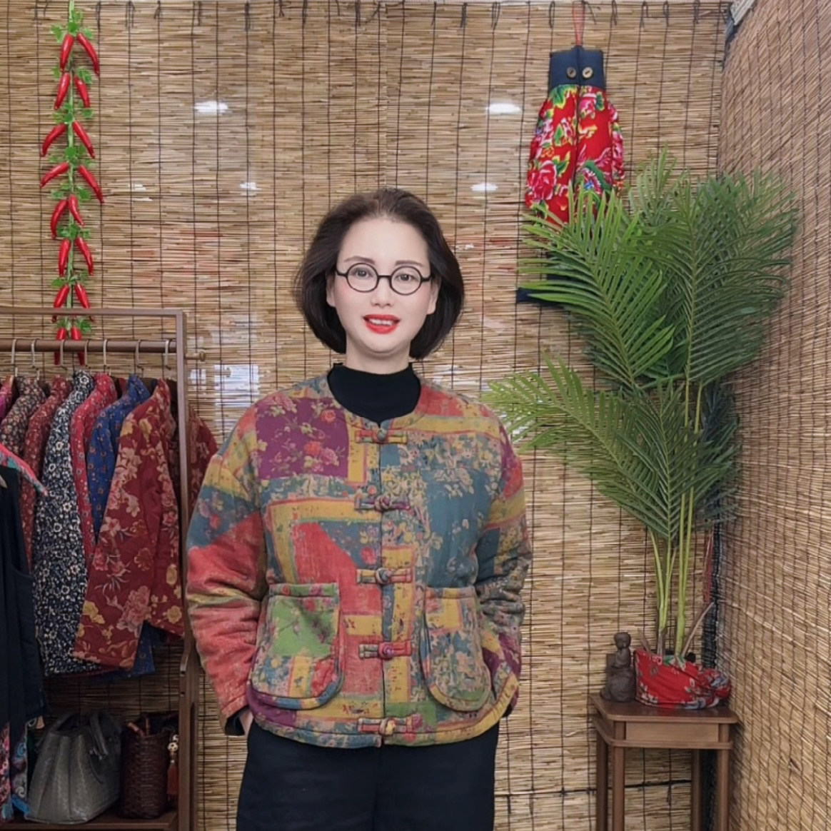 <小圆方>复古新中式国风盘扣棉衣加厚宽松版斜纹棉数码印花2486